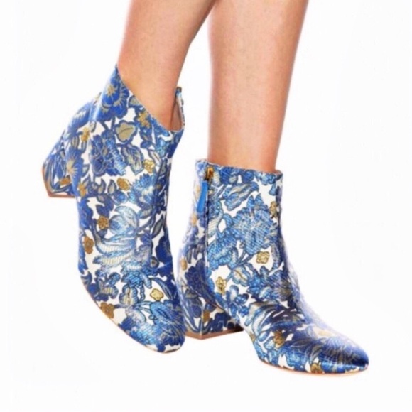 TORY BURCH Shelby Jacquard Blue Metallic Floral Booties Size 7 - Picture 1 of 13